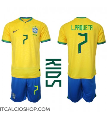 Brasile Lucas Paqueta #7 Prima Maglia Bambino Mondiali 2022 Manica Corta (+ Pantaloni corti)